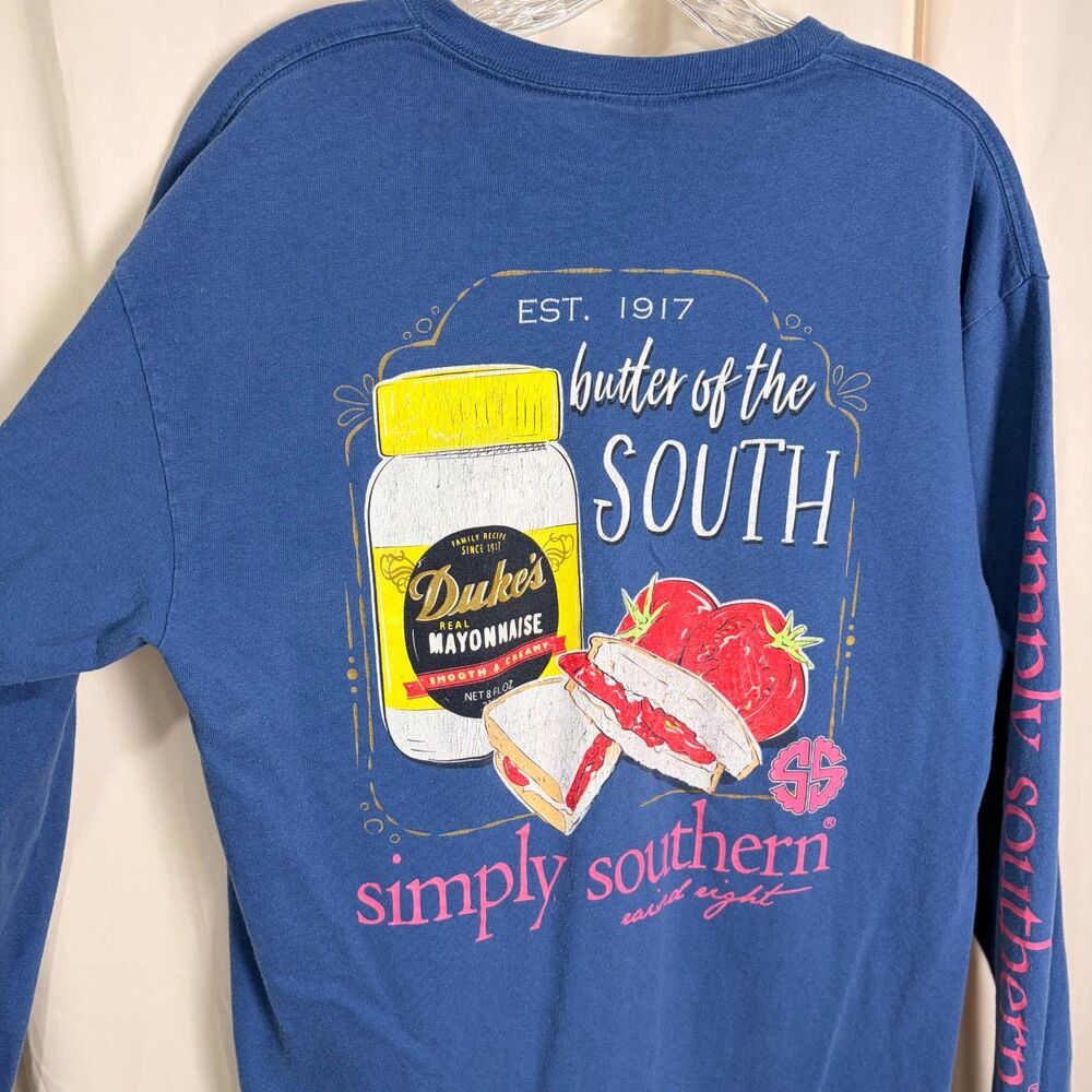 Simply Southern Dukes Mayonnaise Shirt Blue Long Sleeve Large Tomato Sandwich - Picture 2 of 9